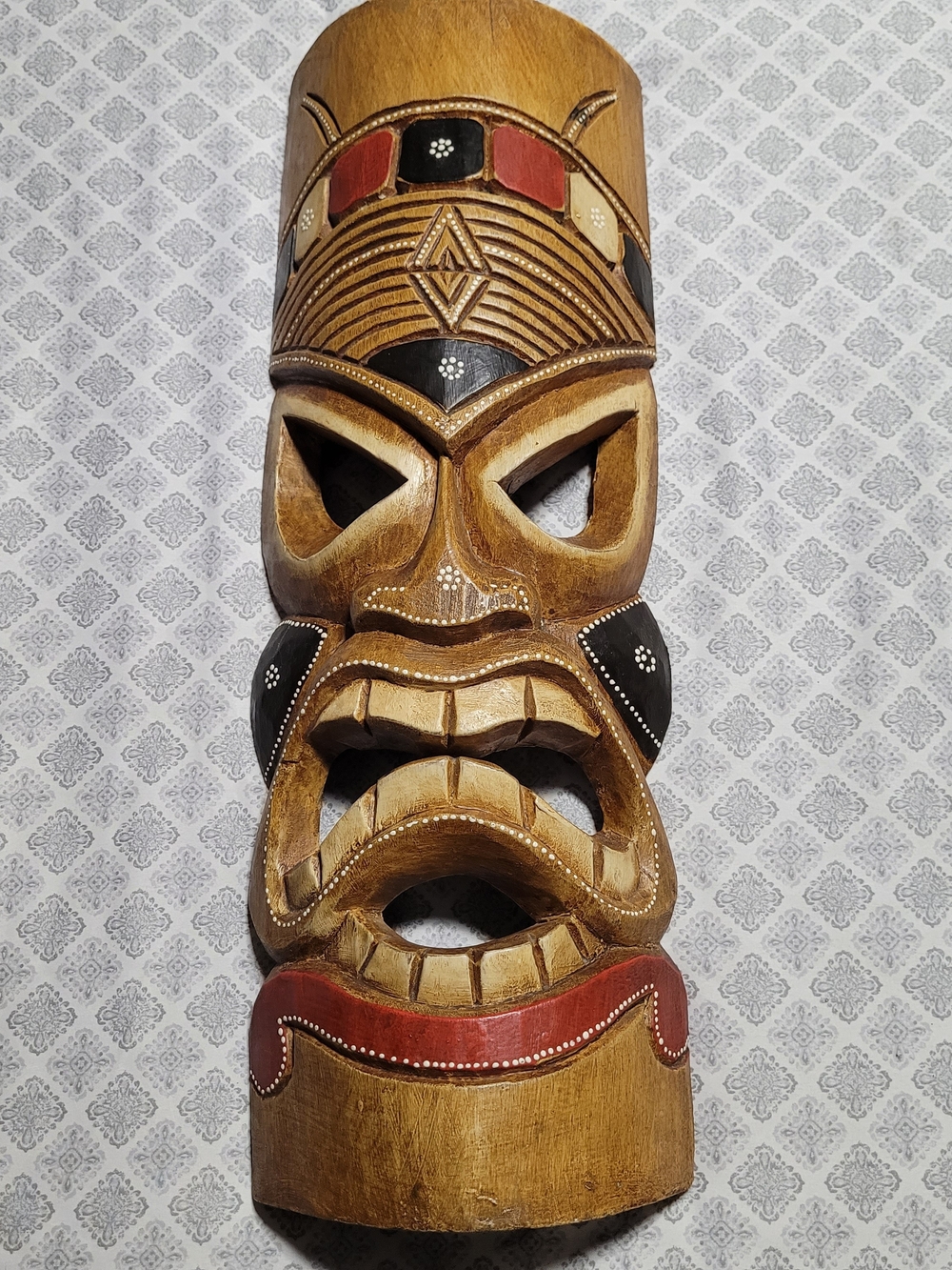 Carved Wooden Tribal Mask 19 Inches, Natural Wood Color With Black & Red Accents